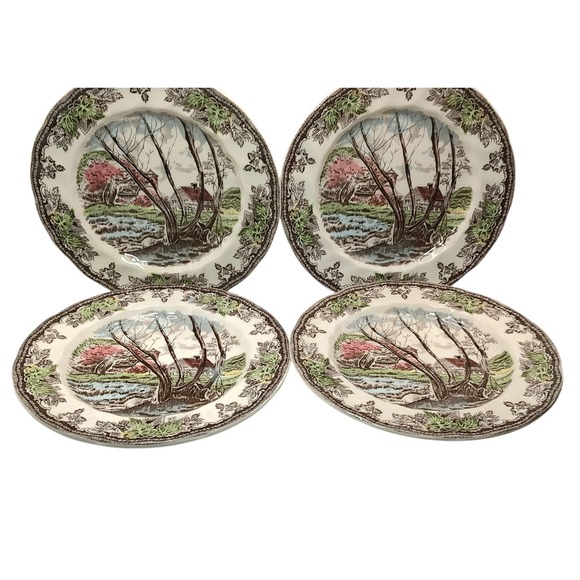 Vintage Johnson Brothers Friendly Village Willow Tree Salad Plates Set of Four - Picture 1 of 14